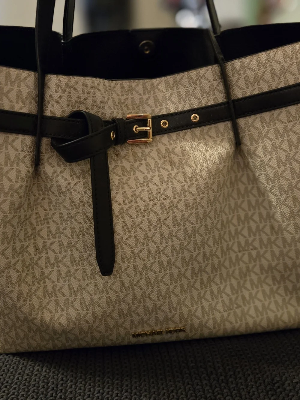 Michael Kors Cream Monogram Tote with Black Trim